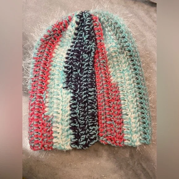 Handmade Crochet Chunky Ribbed Upcycled Multi Fiber Scrappy Yarn Beanie Hat - Picture 5 of 7